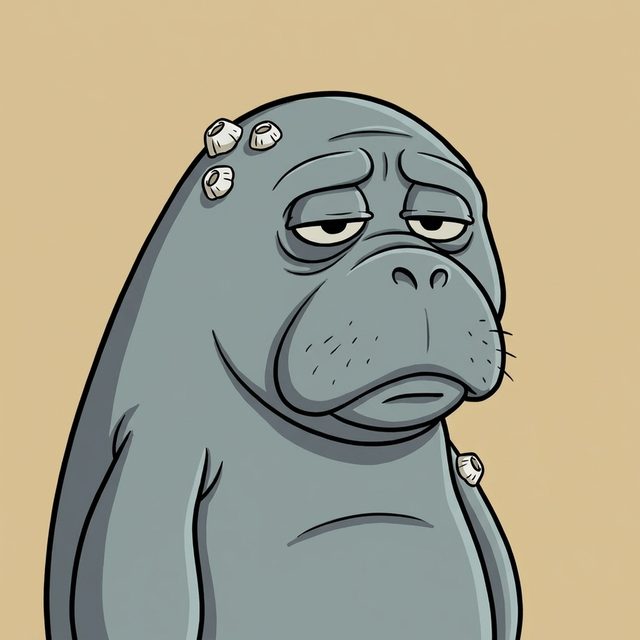 A manatee with barnacles on its head, unbothered