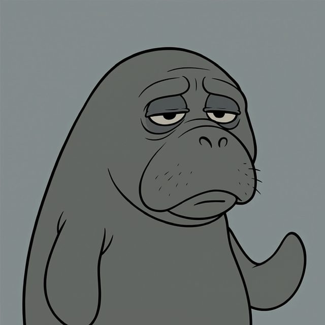 Captain Solve, a tired gray manatee giving a half-hearted flipper wave