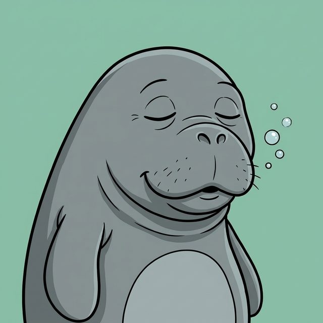 A manatee floating with its eyes closed and bubbles rising