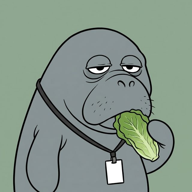 A manatee with a work lanyard and blank ID badge, eating a leaf of romaine like a coffee