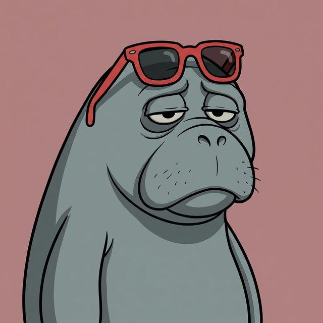 A manatee with red novelty sunglasses pushed up on its forehead, looking embarrassed