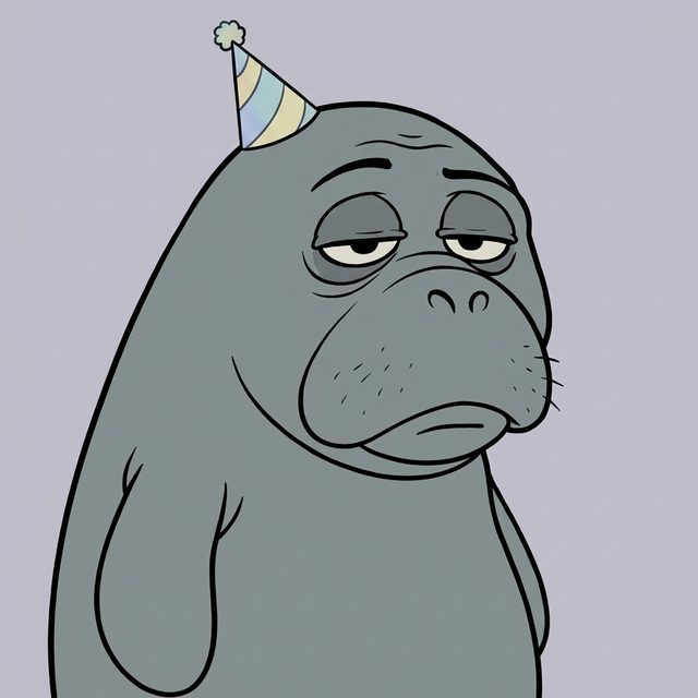 A manatee in a tilted paper party hat, eyebrows slightly raised